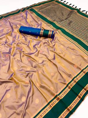 Brown soft silk saree with dual zari motifs, narayan border & contrast pallu 1