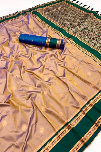 Brown soft silk saree with dual zari motifs, narayan border & contrast pallu