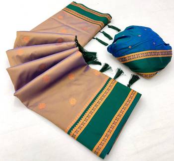 Brown soft silk saree with dual zari motifs, narayan border & contrast pallu 2