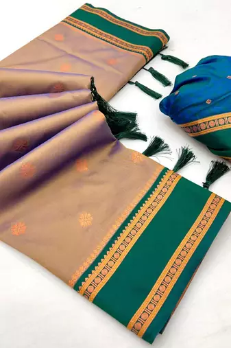 Brown soft silk saree with dual zari motifs, narayan border & contrast pallu