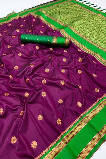 Wine soft silk saree with dual zari motifs, narayan border & contrast pallu