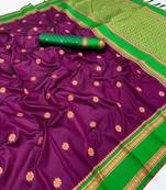 Wine soft silk saree with dual zari motifs, narayan border & contrast pallu