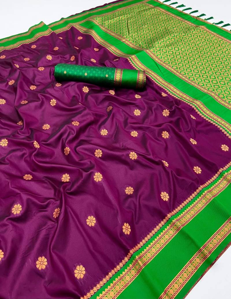 Wine soft silk saree with dual zari motifs, narayan border & contrast pallu