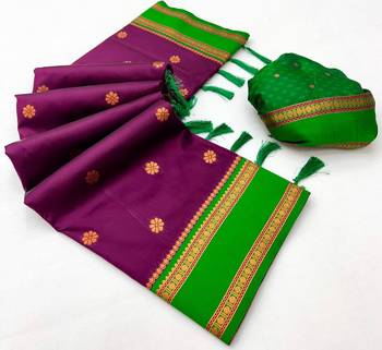 Wine soft silk saree with dual zari motifs, narayan border & contrast pallu 2