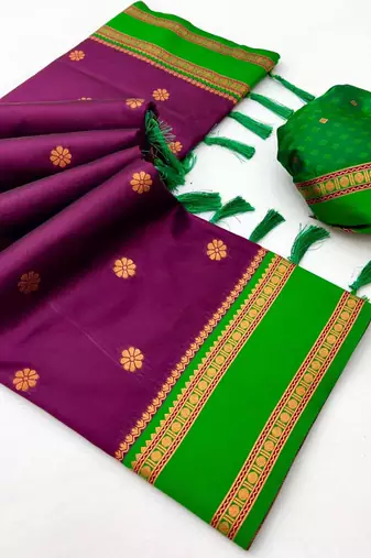 Wine soft silk saree with dual zari motifs, narayan border & contrast pallu