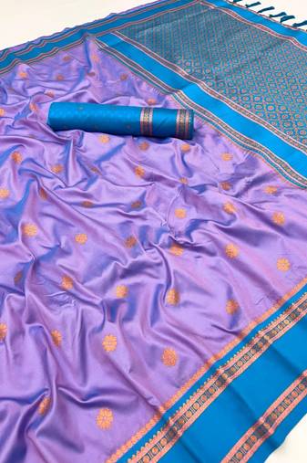 Light lavender soft silk saree with dual zari motifs, narayan border & contrast pallu