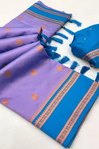 Light lavender soft silk saree with dual zari motifs, narayan border & contrast pallu