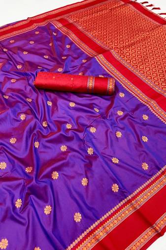 Purple soft silk saree with dual zari motifs, narayan border & contrast pallu