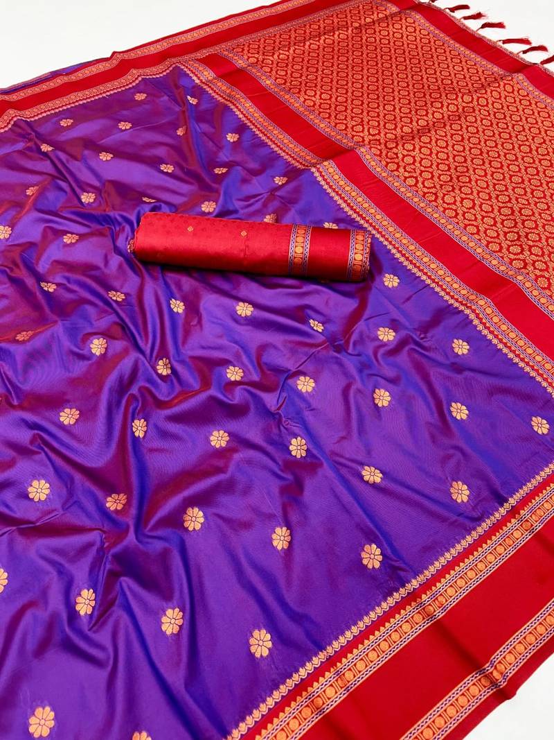 Purple soft silk saree with dual zari motifs, narayan border & contrast pallu