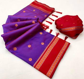 Purple soft silk saree with dual zari motifs, narayan border & contrast pallu 2