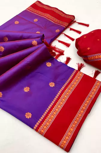 Purple soft silk saree with dual zari motifs, narayan border & contrast pallu