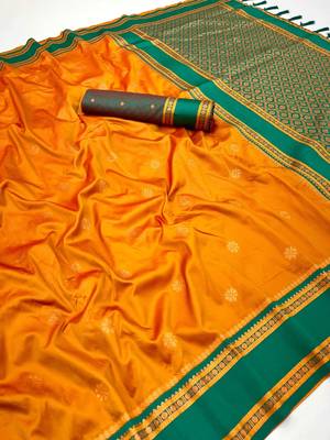 Mustard soft silk saree with dual zari motifs, narayan border & contrast pallu 1