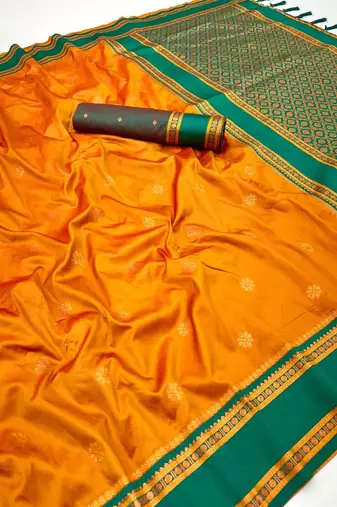 Mustard soft silk saree with dual zari motifs, narayan border & contrast pallu
