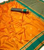 Mustard soft silk saree with dual zari motifs, narayan border & contrast pallu