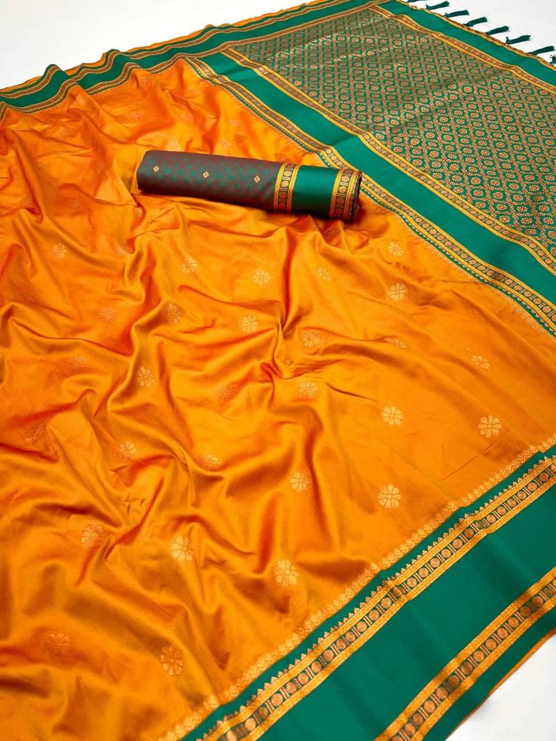 Mustard soft silk saree with dual zari motifs, narayan border & contrast pallu