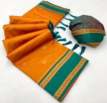 Mustard soft silk saree with dual zari motifs, narayan border & contrast pallu 2