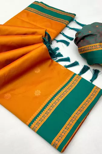 Mustard soft silk saree with dual zari motifs, narayan border & contrast pallu