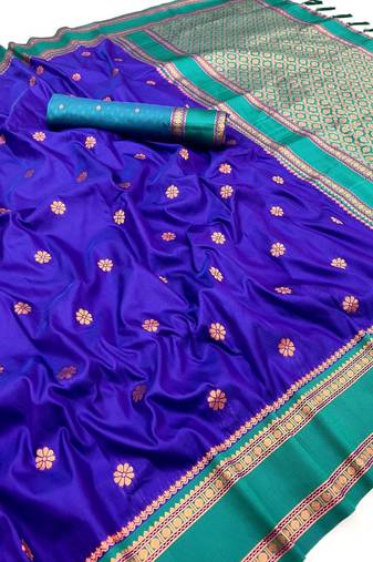 Royal blue soft silk saree with dual zari motifs, narayan border & contrast pallu