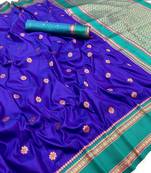 Royal blue soft silk saree with dual zari motifs, narayan border & contrast pallu