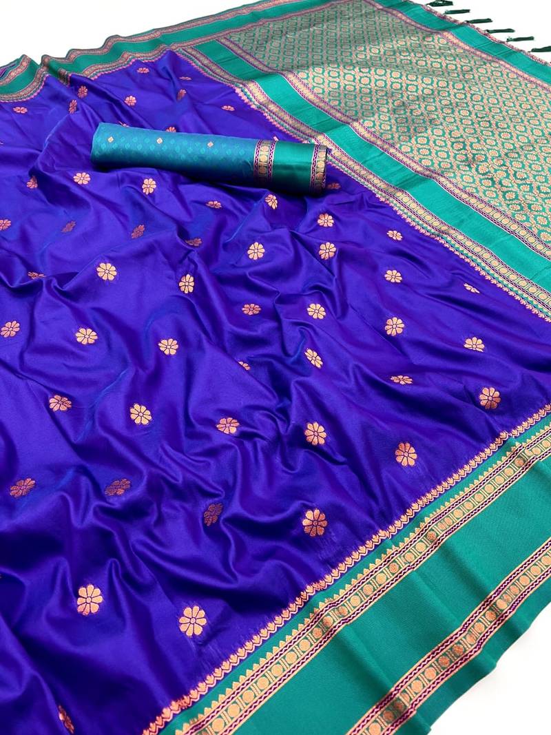 Royal blue soft silk saree with dual zari motifs, narayan border & contrast pallu