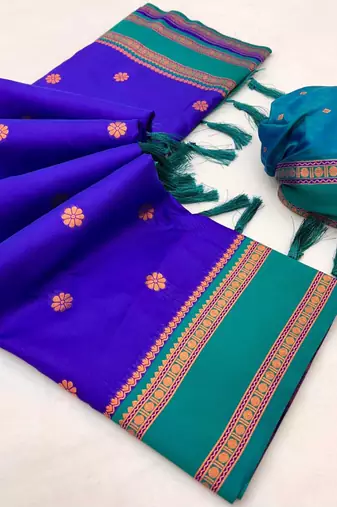 Royal blue soft silk saree with dual zari motifs, narayan border & contrast pallu