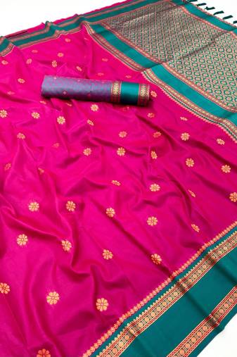 Pink soft silk saree with dual zari motifs, narayan border & contrast pallu