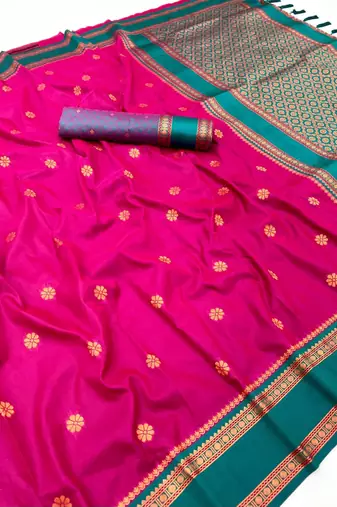 Pink soft silk saree with dual zari motifs, narayan border & contrast pallu