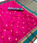 Pink soft silk saree with dual zari motifs, narayan border & contrast pallu