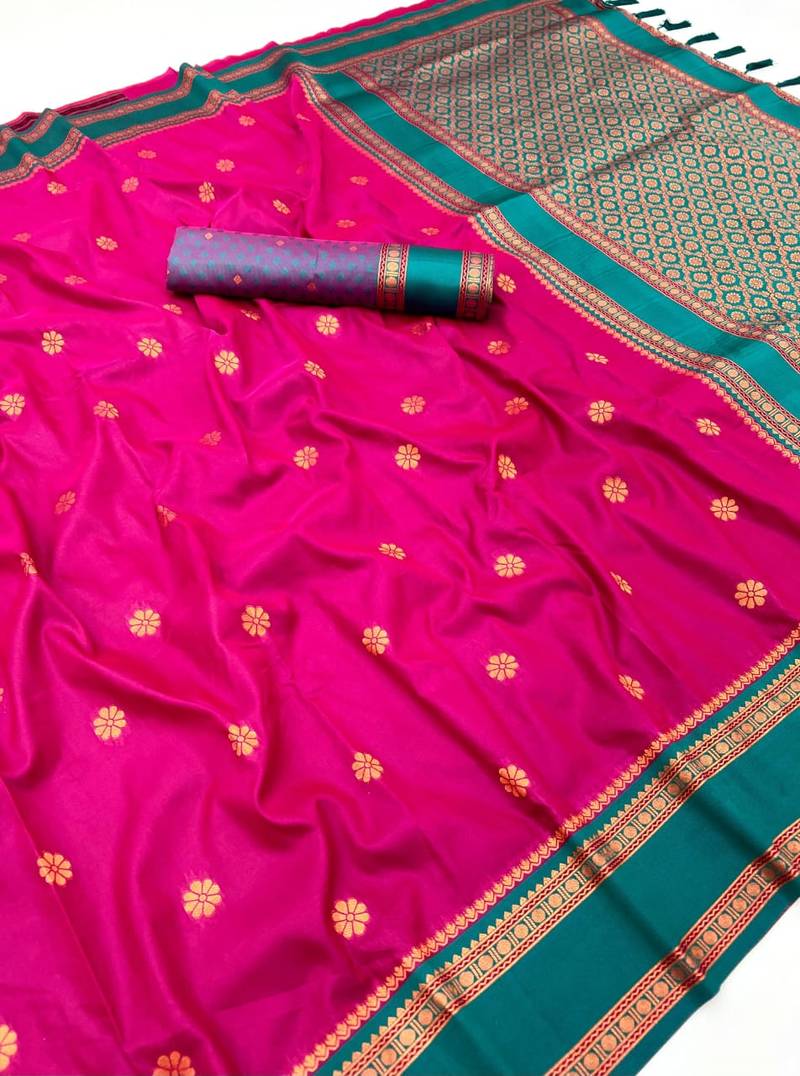 Pink soft silk saree with dual zari motifs, narayan border & contrast pallu
