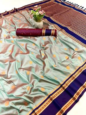 Grey soft silk saree with dual zari motifs, narayan border & contrast pallu 1