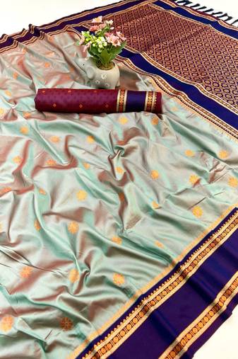 Grey soft silk saree with dual zari motifs, narayan border & contrast pallu
