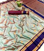 Grey soft silk saree with dual zari motifs, narayan border & contrast pallu