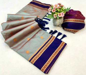 Grey soft silk saree with dual zari motifs, narayan border & contrast pallu 2
