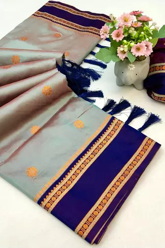 Grey soft silk saree with dual zari motifs, narayan border & contrast pallu