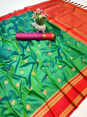 Green soft silk saree with dual zari motifs, narayan border & contrast pallu 1