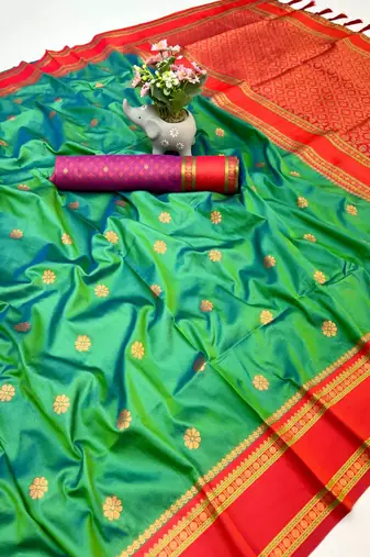 Green soft silk saree with dual zari motifs, narayan border & contrast pallu