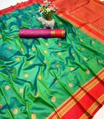 Green soft silk saree with dual zari motifs, narayan border & contrast pallu