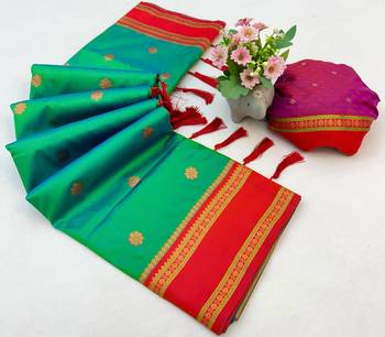 Green soft silk saree with dual zari motifs, narayan border & contrast pallu 2