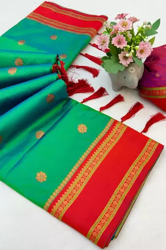 Green soft silk saree with dual zari motifs, narayan border & contrast pallu