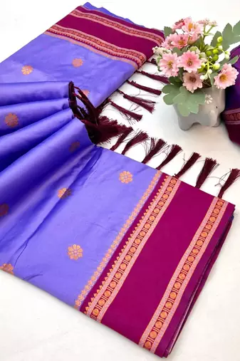 Light lavender soft silk saree with dual zari motifs, narayan border & contrast pallu
