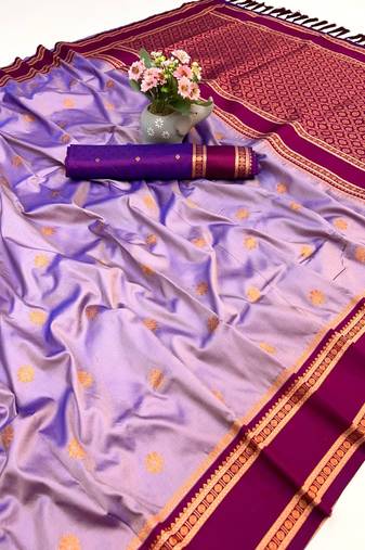 Light lavender soft silk saree with dual zari motifs, narayan border & contrast pallu