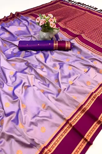 Light lavender soft silk saree with dual zari motifs, narayan border & contrast pallu