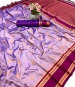 Light lavender soft silk saree with dual zari motifs, narayan border & contrast pallu