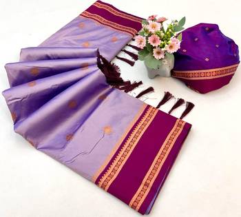 Light lavender soft silk saree with dual zari motifs, narayan border & contrast pallu 2