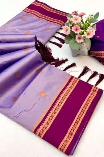 Light lavender soft silk saree with dual zari motifs, narayan border & contrast pallu