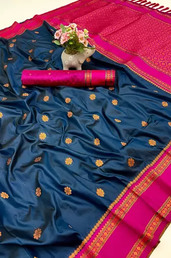 Teal soft silk saree with dual zari motifs, narayan border & contrast pallu