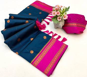 Teal soft silk saree with dual zari motifs, narayan border & contrast pallu 2