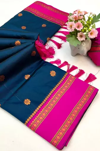 Teal soft silk saree with dual zari motifs, narayan border & contrast pallu