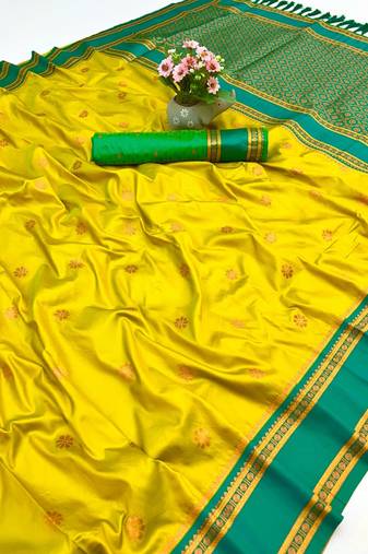 Lemon soft silk saree with dual zari motifs, narayan border & contrast pallu