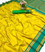 Lemon soft silk saree with dual zari motifs, narayan border & contrast pallu